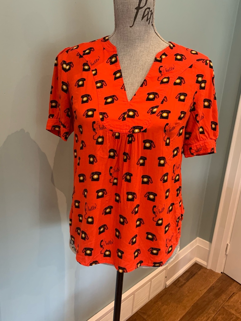 Anthropologie Red/Orange V-Neck Short Sleeve Blouse with Telephone Print